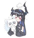  1girl :3 absurdres black_dress black_gloves black_hair blush_stickers chibi chiikawa commentary cropped_torso crossover crying crying_with_eyes_open demon_horns dress english_commentary flying_sweatdrops fur-trimmed_jacket fur_trim gloves highres holding_chibi hololive hololive_english horns jacket legzy long_hair momonga_(chiikawa) multicolored_hair nerissa_ravencroft pleading_eyes simple_background streaked_hair tears virtual_youtuber white_background white_fur 