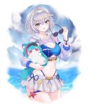  1girl absurdres bikini blue_bikini breasts chicami cleavage commentary female_esper_zero_(cloudless_summer)_(nte) female_esper_zero_(nte) grey_hair hair_ornament heart heart_hair_ornament highres holding holding_removed_eyewear looking_at_viewer medium_breasts mint_(nte) neverness_to_everness official_alternate_costume purple_eyes see-through_clothes see-through_shrug shell shell_hair_ornament short_hair shrug_(clothing) skirt solo sunglasses swimsuit thigh_strap untranslatable_commentary unworn_eyewear white_skirt 