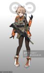  1girl ahoge ammunition_pouch ar-15 arknights assault_rifle black_pantyhose boots breasts brown_hair commentary_request gloves gun gun_sling h&amp;k_hk416 hair_between_eyes highres jacket kuroinu9 lace-up_boots load-bearing_equipment long_hair long_sleeves mayer_(arknights) open_mouth optical_sight orange_jacket pantyhose platform_boots pouch rifle solo sweater weapon 