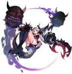  1girl 2boys 404_game_re:set animal_feet black_horns black_shirt black_shorts breasts cathode_(404_game_re:set) claws closed_mouth commentary demon_boy demon_girl demon_horns demon_tail disembodied_head english_commentary fire full_body fur_collar horns juuouki looking_at_viewer looking_down medium_breasts multiple_boys official_art personification purple_fire red_eyes shirt short_hair short_shorts shorts simple_background skindentation tail thighs third-party_source underboob white_background white_hair yuugen 