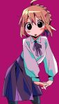  1girl :o ahoge artoria_pendragon_(fate) black_eyes blonde_hair blue_ribbon blue_skirt blush blush_stickers braid braided_base bun_with_braided_base choppy_bangs collared_shirt double-parted_bangs fate/stay_night fate_(series) hair_between_eyes hair_bun hair_ribbon interlocked_fingers kneeling leaning_forward long_sleeves looking_at_viewer medium_skirt moyosan neck_ribbon own_hands_clasped own_hands_together pink_background puffy_long_sleeves puffy_sleeves raised_eyebrows ribbon saber_(fate) shirt sidelocks skirt solo tareme v_arms white_shirt 