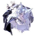  1girl animal_ear_fluff animal_ears aqua_eyes armpits arms_up bandaid bandaid_on_face bandaid_on_nose blue_hair blue_nails breasts commentary eleven021001 elira_pendora elira_pendora_(wolf) fingerless_gloves fingernails four-finger_heart_hands fur-trimmed_jacket fur_trim gloves grin hair_over_one_eye heart heart_hands highres jacket long_fingernails looking_at_viewer medium_breasts nijisanji nijisanji_en open_clothes open_jacket short_hair simple_background smile solo untranslatable_commentary upper_body virtual_youtuber wolf_ears 