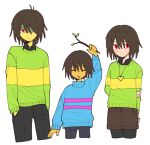  3others arm_behind_back arm_up black_pants black_shirt brown_hair brown_shorts chara_(undertale) closed_eyes closed_mouth collared_shirt colored_skin commentary_request deltarune frisk_(undertale) hair_between_eyes hair_over_one_eye hand_in_pocket heart heart_necklace holding holding_stick jewelry kris_(deltarune) long_sleeves looking_at_viewer multiple_others nabob necklace open_mouth orange_skin pants pantyhose red_eyes shaded_face shirt shorts simple_background stick striped_clothes striped_sweater sweater thai_commentary turtleneck turtleneck_sweater undertale utdr_(toby_fox) white_background yellow_skin 
