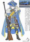 1girl adjusting_clothes adjusting_headwear air-to-air_missile antique_firearm artist_name autocannon belt belt_pouch black_boots blackd09 blue_cape blue_cloak blue_coat blue_pants boots braid cannon canopy_(aircraft) cape cloak closed_mouth coat firelock flintlock full_body fur-trimmed_cape fur_trim gloves grey_eyes grey_hair gun hat highres holding holding_gun_barrel holding_weapon humanization long_hair missile musket muzzle_device original pants personification photo-referenced pirate_hat pouch reference_inset saab_viggen sheath sheathed side_braid simple_background single_braid solo standing sword tricorne weapon white_background white_gloves 