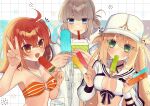  1boy 2girls ahoge artoria_caster_(fate) artoria_caster_(swimsuit_berserker)_(first_ascension)_(fate) artoria_pendragon_(fate) bare_shoulders baseball_cap bikini blonde_hair blue_eyes blush breasts cleavage commentary_request cup disposable_cup drinking_straw fate/grand_order fate_(series) food fujimaru_ritsuka_(female) fujimaru_ritsuka_(female)_(brilliant_summer) green_eyes grey_hair hair_ornament hair_scrunchie hat highres hood hooded_jacket jacket long_hair long_sleeves looking_at_viewer medium_breasts mouth_hold multiple_girls noa_pisces oberon_(fate) oberon_(refreshing_summer_prince)_(fate) one_side_up orange_bikini orange_eyes orange_hair orange_scrunchie popsicle scrunchie short_hair shrug_(clothing) striped_bikini striped_clothes swimsuit twintails v watermelon_bar white_bikini white_hat white_jacket white_shrug 