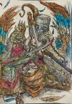  1boy 2girls anna_fra_nil armor blood blood_on_weapon braid brown_hair cape chainmail christianity claws cross fantasy feathered_wings fighting great_helm hatching_(texture) highres islam knight marker_(medium) mask medieval monster mouth_mask multiple_girls orange_hair original red_cross scabbard sheath shield stab sword tail templar traditional_media tunic twin_braids weapon white_background white_cape winged_arms wings 