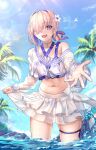  1girl absurdres bikini breasts choker colored_inner_hair commentary fate/grand_order fate_(series) flower hair_flower hair_ornament hair_over_one_eye hair_ribbon harukey highres leg_ribbon long_sleeves mash_kyrielight mash_kyrielight_(swimsuit_of_perpetual_summer_ver.03) multicolored_hair palm_tree pink_hair ponytail purple_bikini purple_eyes purple_hair ribbon see-through_clothes see-through_shrug short_hair short_ponytail shrug_(clothing) skirt sunlight swimsuit thigh_ribbon tree water white_shrug white_skirt 