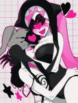  2girls alien_stage animal_ears bare_shoulders black_hair blush breasts commentary crop_top grey_hat hat highres long_hair looking_at_viewer mizi_(akuma)_(zombie_stage) mizi_(alien_stage) mizi_(zombie_stage) mochigwyn multiple_girls open_mouth pink_hair rabbit_ear_headwear rabbit_ears smile sua_(alien_stage) sua_(tenshi)_(zombie_stage) sua_(zombie_stage) twintails untranslatable_commentary zipper zipper_pull_tab zombie_stage 