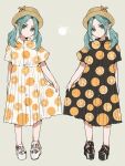  1girl aqua_hair black_dress black_sandals brown_hat commentary_request comparison dress food food_print fruit fruit_print full_body green_eyes grey_background hat highres holding_own_dress looking_at_viewer monogatari_(series) multiple_views nail_polish ononoki_yotsugi orange_(fruit) orange_nails orange_print platform_sandals sandals short_sleeves simple_background straw_hat symmetry valhalla0707 white_dress white_sandals 