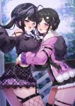  2girls :d absurdres ahoge beret black_hair black_thighhighs blush braid breasts clothing_cutout commentary_request ear_piercing earrings eichan_(eichanidfi) fishnet_thighhighs fishnets half-closed_eyes hat highres hug jewelry large_breasts looking_at_viewer mole mole_under_eye multicolored_hair multiple_earrings multiple_girls nijisanji piercing purple_eyes purple_hair senri_ayumu senri_ayumu_(1st_costume) shoulder_cutout side_cutout single_fishnet_legwear skindentation smile spiked_ear_piercing streaked_hair thigh_strap thighhighs virtual_youtuber yagyu_shino yagyu_shino_(2nd_costume) 