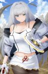  1girl artist_name bare_shoulders blue_eyes breast_tattoo breasts brown_pantyhose cleavage closed_mouth collarbone cosplay cowboy_shot doiparuni ethel_(xenoblade) gloves highres holding holding_weapon jacket large_breasts long_hair looking_at_viewer midriff_peek miniskirt mio_(xenoblade) mio_(xenoblade)_(cosplay) navel open_clothes open_jacket outdoors pantyhose skirt solo spaghetti_strap standing tank_top tattoo very_long_hair weapon white_gloves white_hair white_skirt white_tank_top xenoblade_chronicles_(series) xenoblade_chronicles_3 