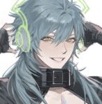  1boy alternate_costume arms_up belt belt_buckle belt_collar black_belt blue_hair buckle cleavage_cutout clothing_cutout collar collarbone commentary_request double-parted_bangs dramatical_murder hair_between_eyes headset korean_commentary kshwan181 long_hair looking_at_viewer male_focus seragaki_aoba simple_background sleeves_past_wrists smile solo upper_body white_background yellow_eyes 