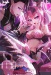  1boy 1girl absurdres black_hair black_shorts bra breasts bubi_(ironmouse) chocolate cleavage commentary cyborg demon_girl demon_horns extra_mouth fang highres horns indie_virtual_youtuber ironmouse ironmouse_outfit_art_contest long_hair looking_at_viewer mechanical_horns mechanical_legs medium_breasts mole mole_under_eye multicolored_hair nano_popo02 navel open_mouth pink_bra pink_hair purple_eyes purple_hair purple_streaks shorts single_mechanical_leg skin_fang streaked_hair underwear untranslatable_commentary virtual_youtuber 