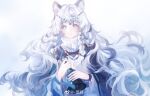  1girl animal_ear_fluff animal_ears arknights bead_necklace beads bell braid braided_sidelocks chinese_commentary commentary_request grey_eyes head_chain highres holding holding_bell jewelry long_hair looking_at_viewer miqing necklace pramanix_(arknights) side_braids sidelocks simple_background snow_leopard_ears snow_leopard_girl solo turtleneck very_long_hair white_background 