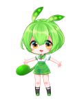  1girl :3 :d absurdres black_socks blush_stickers bow bowtie chibi chibi_only double-parted_bangs edomura_niniko full_body green_hair green_sailor_collar green_shoes green_shorts hair_between_eyes highres legwear_garter long_hair looking_at_viewer low_ponytail official_art open_mouth outstretched_arms pink_bow pink_bowtie ponytail sailor_collar school_uniform serafuku shirt shoes short_sleeves shorts simple_background smile socks solo spread_arms standing transparent_background v-shaped_eyebrows voicevox white_shirt zundamon 