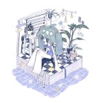 1girl aqua_hair blue_one-piece_swimsuit colored_skin elbow_blush hatsune_miku highres knee_blush ladder light_bulb one-piece_swimsuit piieennnn plant poolside potted_plant school_swimsuit sitting sketch solo swimsuit tile_floor tiles twintails vocaloid white_skin window 