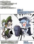  2girls :d ^_^ bird_hat_ornament black_bow black_bowtie black_capelet black_flower black_hat black_rose blonde_hair blue_hair blue_necktie bonnet bow bow_flower bowtie braid braided_hair_rings bust_(sculpture) capelet chinstrap closed_eyes collared_shirt commentary_request contrast_collar deerstalker dress emphasis_lines flower frilled_capelet frilled_dress frilled_sleeves frills green_bonnet green_eyes grey_vest hair_bow hair_flower hair_ornament hair_rings hat hat_bow highres lolita_fashion long_hair long_sleeves mahou_shoujo_no_majo_saiban multiple_girls necktie open_mouth rose shirt short_hair simple_background smile tachibana_sherry tono_hanna translation_request twintails vest white_background white_flower white_rose white_shirt wide_sleeves winged_hat yellow_flower yellow_rose yuetsumaru 