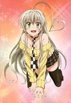  :d absurdres ahoge all_fours artist_request bare_shoulders blush checkered checkered_neckwear collarbone crawling green_eyes grey_hair haiyore!_nyaruko-san heart_ahoge highres kneeling long_hair long_sleeves looking_at_viewer necktie nyarlathotep_(nyaruko-san) off-shoulder_sweater official_art open_mouth scan smile sparkle sweater thighhighs zettai_ryouiki 