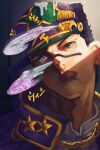  1boy araki_hirohiko baseball_cap black_hair blue_eyes brown_lips cd chain coat colorized commentary earrings gakuran hat high_collar jewelry jojo_no_kimyou_na_bouken jojo_pose kujo_jotaro male_focus menacing_(jojo) portrait purple_coat purple_hat romaji_commentary school_uniform shirt solo sound_effects stand_(jojo) star_(symbol) star_ornament star_platinum star_print stone_ocean stud_earrings void_art01 white_shirt 