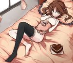 apron bad_id bad_pixiv_id barefoot bed between_breasts breasts brown_eyes brown_hair cake endou_chihiro feet food frills highres idolmaster idolmaster_cinderella_girls large_breasts licking_lips looking_at_viewer lying naked_apron no_shoes on_back pastry_bag single_thighhigh smile solo thighhighs tongue tongue_out totoki_airi twintails 