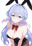  1girl absurdres animal_ears bare_shoulders black_hairband black_leotard blue_eyes bow bowtie breasts brown_pantyhose cleavage collarbone commentary_request cowboy_shot detached_collar facial_mark fake_animal_ears fake_tail full_cleavage green_hair hairband head_wings highres honkai:_star_rail honkai_(series) large_breasts leotard long_hair looking_at_viewer low_neckline multicolored_eyes pantyhose parted_lips playboy_bunny purple_hair rabbit_ears rabbit_tail rikka_(rikkaarts) robin_(honkai:_star_rail) side-tie_leotard simple_background solo strapless strapless_leotard tail two-tone_eyes very_long_hair white_background wings wrist_cuffs 