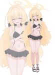  1girl bare_legs bikini bikini_skirt black_bikini blonde_hair blue_archive blush bow breasts butadiene closed_eyes commentary_request commission covering_breasts covering_privates embarrassed fluffy_hair full_body hair_bow hair_intakes halo highres korean_commentary long_hair navel professor_niyaniya_(blue_archive) ruffle_bikini sandals side_ahoge simple_background small_breasts solo standing stomach swimsuit untied_bikini_top very_long_hair white_background yellow_halo zoom_layer 