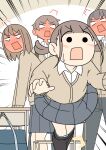 2boys 2girls bag black_pantyhose blank_eyes blue_panties blush brown_cardigan brown_hair cardigan chair clothes_pull collared_shirt commentary_request desk dress_shirt emphasis_lines full-face_blush grey_pants grey_skirt juukyuu multiple_boys multiple_girls open_mouth original panties pants panty_pull pantyhose pantyhose_pull pleated_skirt school_bag school_chair school_desk school_uniform shirt skirt small_sweatdrop solid_circle_eyes sweat tomo_(juukyuu) tripping twintails underwear v-shaped_eyebrows white_shirt yui_(juukyuu) 