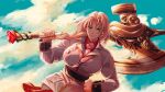  1girl absurdres axe backlighting battle_axe blonde_hair breasts cloud cloudy_sky collared_shirt dark-skinned_female dark_skin game_asset green_eyes hair_ribbon hand_on_own_hip highres holding holding_axe huge_breasts jacket jane_snowflake looking_at_viewer military_jacket military_uniform muscular muscular_female neckerchief non-web_source official_art over_shoulder pants pink_neckerchief red_nails red_shirt ribbon rolua self-datamine shirt sky the_great_villainess_strategy_of_lily tight_clothes weapon weapon_over_shoulder white_jacket white_pants 