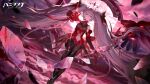  1girl bare_shoulders black_crown commentary_request crown detached_sleeves floating floating_shards full_moon glass_shard glass_shards gloves glowing hair_ornament hand_up headgear highres long_hair looking_at_viewer luna:_oblivion_(pgr) luna_(pgr) mechanical_wings moon navel official_art pink_eyes powering_up punishing:_gray_raven red_gloves red_moon reflection second-party_source single_wing twintails white_hair wings 