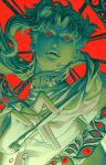  1boy asymmetrical_bangs cherry_earrings commentary earrings food-themed_earrings from_below gakuran green_theme hierophant_green high_collar highres holding holding_pen horror_(theme) jewelry jojo_no_kimyou_na_bouken kakyoin_noriaki long_bangs long_sleeves looking_at_viewer male_focus parted_bangs pen red_background red_eyes scarf school_uniform simple_background solo spot_color stand_(jojo) stardust_crusaders tentacles untranslatable_commentary upper_body zhhy3324 
