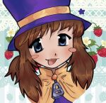  1girl :3 a_hat_in_time balloftheeclipse blue_eyes blush_stickers brown_hair cape child commentary cropped_shoulders english_commentary fang flower food fruit hat hat_kid hat_ribbon highres jacket looking_at_viewer medium_hair open_mouth ponytail purple_hat purple_jacket ribbon sidelocks smile solo star_(symbol) strawberry top_hat white_flower yellow_cape yellow_ribbon zipper_pull_tab 