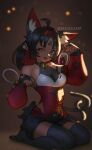  1girl absurdres ahoge animal_ear_fluff animal_ears barcode barcode_tattoo bell black_hair black_thighhighs breasts cat_ears cat_girl cat_tail commentary covered_navel dark-skinned_female dark_skin detached_sleeves english_commentary facial_mark fingerless_gloves forehead_mark forehead_tattoo full_body gloves hairband highres jingle_bell maveloart medium_breasts multiple_tails nekomiya_mana paw_pose petite ponytail red_eyes red_hairband short_eyebrows smile solo tail tattoo thighhighs thighs two_tails zenless_zone_zero 