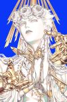  1boy alternate_hairstyle arrow_(jojo) blue_background bracelet bug colored_skin commentary curly_hair earrings giorno_giovanna gold gold_experience_requiem gold_skin highres jacket jewelry jojo_no_kimyou_na_bouken ladybug ladybug_brooch long_hair long_sleeves looking_at_viewer male_focus own_hands_together palms_together parted_lips praying simple_background solo stand_(jojo) untranslatable_commentary upper_body vento_aureo victory_rolls white_eyes white_hair white_jacket white_skin zhhy3324 