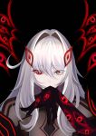  1girl aura black_background black_dress black_gloves claws commentary_request dark_aura dress eyelashes from_side genshin_impact gloves hair_between_eyes hair_ornament hand_up highres long_hair long_sleeves looking_at_viewer red_eyes ronova_(genshin_impact) simple_background solo tukiyame upper_body very_long_hair wavy_hair white_hair 