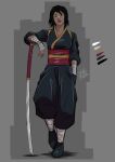  1girl absurdres bandages batman_(series) black_hair cassandra_cain chinese_clothes clothing_request color_wheel commentary dc_comics east_asian english_commentary full_body green_hanfu green_shoes grey_background hand_in_pocket hanfu highres huang-jun katana qujupao red_sash sash shoes short_hair simple_background solo sword waist_sash weapon 