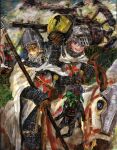  1boy 1girl 1other anna_fra_nil armor assault_visor banner barding beard blue_eyes blue_sky chainmail cloud cloudy_sky coif commentary creature cross english_commentary extra_arms facial_hair goblin grass great_helm helmet highres holding holding_banner holding_creature holding_polearm holding_unworn_helmet holding_weapon horse horseback_riding knight medieval old old_man orange_hair original painting_(medium) polearm red_cross riding science_fiction sky spacecraft spacesuit spear templar traditional_media unworn_headwear unworn_helmet v weapon white_hair 