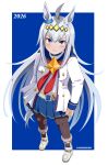  1girl absurdres ahoge animal_ears black_pantyhose blue_eyes blue_sailor_collar blue_skirt blush boots brooch closed_mouth commentary_request ear_ornament grey_hair grey_tail hair_between_eyes hairband highres horse_ears horse_girl horse_tail jacket jewelry long_hair long_sleeves midriff_peek multicolored_hair navel neckerchief oguri_cap_(starlight_beat)_(umamusume) oguri_cap_(umamusume) pantyhose pleated_skirt red_neckerchief sailor_collar shirt skirt smile star_brooch tail umamusume white_boots white_jacket white_shirt yasu_korejo 