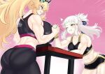  2girls abs arm_wrestling ass bare_shoulders barghest_(fate) biceps black_pants black_shorts black_sports_bra blonde_hair blue_ribbon blunt_bangs blush braid breasts cleavage commentary_request dolphin_shorts fate/grand_order fate_(series) grey_hair grin hair_ribbon half_updo high_ponytail highres horns huge_breasts large_breasts long_hair multiple_girls muscular muscular_female navel pants penthesilea_(fate) ponytail red_eyes ribbon short_shorts shorts sidelocks smile sports_bra table thick_thighs thighs wristband yellow_eyes yoga_pants yom_(yom4_e) 