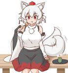  1girl animal_ear_fluff animal_ears black_gloves black_skirt breasts commentary cup detached_sleeves eating fan_request gloves grey_hair hat highres holding holding_skewer inubashiri_momiji large_breasts mizusoba partially_fingerless_gloves pom_pom_(clothes) red_eyes red_hat red_skirt shirt skewer skirt sleeveless sleeveless_shirt solo tail tail_wagging tokin_hat touhou tray two-tone_skirt white_shirt wide_sleeves wolf_ears wolf_girl wolf_tail yunomi 