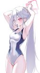  1girl alternate_hairstyle aris_(blue_archive) aris_(blue_archive)_(cosplay) aris_(c108_swimsuit)_(blue_archive) armpit_focus armpits arms_behind_head arms_up blue_archive blush breasts commentary competition_swimsuit cosplay covered_navel cowboy_shot dai3 double-parted_bangs eyes_visible_through_hair groin hair_between_eyes hair_tie_in_mouth halo hand_in_own_hair hands_in_own_hair highleg highleg_one-piece_swimsuit highres holding_own_hair kei_(blue_archive) long_hair long_hair_between_eyes loosely_tucked_bangs medium_breasts millennium_science_school_logo mouth_hold one-piece_swimsuit pink_eyes pink_halo ponytail rectangular_halo ringed_eyes simple_background solo swimsuit two-tone_one-piece_swimsuit tying_hair very_long_hair white_background white_hair white_one-piece_swimsuit 