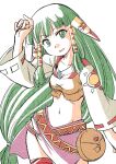  1girl belt_pouch bonsichi commentary_request crop_top feena_(grandia) grandia grandia_i green_eyes green_hair hair_ornament hair_tubes highres jewelry long_hair long_sleeves looking_at_viewer low-tied_long_hair midriff navel orange_shirt pendant pink_skirt pouch ribbon-trimmed_sleeves ribbon_trim shirt simple_background sketch skirt solo white_background white_sleeves wide_sleeves 