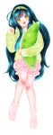  1girl :d absurdres ahoge edomura_niniko full_body green_hair green_hairband green_hoodie hairband highres holding holding_pillow hood hood_down hoodie incredibly_absurdres long_hair long_sleeves looking_at_viewer no_shoes official_art open_mouth orange_eyes pea_pod pillow pink_shorts pink_socks shorts simple_background sleeves_past_wrists smile socks solo standing standing_on_one_leg teeth touhoku_zunko transparent_background upper_teeth_only very_long_hair voiceroid 