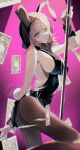  1girl absurdres alternate_hair_ornament animal_ear_hairband animal_ears ass banknote bare_back bare_shoulders black_leotard blunt_bangs breasts commentary_request danganronpa_(series) danganronpa_2:_goodbye_despair dollar_bill fake_animal_ears fake_tail fishnet_pantyhose fishnets from_side hair_ornament hairband highleg highleg_leotard highres hood htpny leotard medium_hair money nanami_chiaki pantyhose pink_background pink_eyes playboy_bunny pole pole_dancing rabbit_ear_hairband rabbit_ears rabbit_tail sideboob solo spotlight strapless strapless_leotard tail 