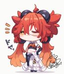  1girl :3 ahoge animal_ears asymmetrical_gloves beni_shake black_gloves black_hairband black_shoes blush breasts chibi closed_eyes closed_mouth commentary_request crop_top elbow_gloves eyepatch facing_viewer fake_animal_ears gloves gradient_hair grey_jumpsuit hair_ornament hairband hands_on_own_hips jumpsuit jumpsuit_around_waist koleda_belobog long_hair low_twintails medium_breasts midriff multicolored_hair navel notice_lines red_hair shadow shoes signature simple_background single_elbow_glove smug solo sphere_hair_ornament standing twintails v-shaped_eyebrows very_long_hair white_background zenless_zone_zero 