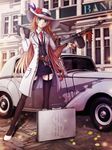  bad_id bad_pixiv_id blonde_hair blue_eyes book briefcase car drum_magazine feathers flower garter_straps green_(pixiv4667708) ground_vehicle gun hat jacket long_hair motor_vehicle necktie original rose skirt solo submachine_gun thighhighs thompson_submachine_gun weapon 