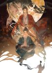  2boys all_wishes_come_true! arm_wrap black_hair black_hat black_sash blood blood_on_face blood_on_hand blue_hanfu blue_trim bottle branch brown_eyes brown_hair chinese_clothes closed_eyes closed_mouth coat facial_hair finger_to_mouth floating_hair flower full_body full_moon hair_bun hair_ornament half-closed_eyes half_updo hanfu hat high_ponytail highres holding holding_bottle index_finger_raised indian_style jewelry layered_sleeves leaf_hair_ornament long_hair long_sleeves looking_at_viewer lv_dongbin_(all_wishes_come_true!) male_focus moon multiple_boys multiple_views mustache_stubble necklace open_clothes open_coat own_hands_together parted_lips ponytail praying profile red_coat red_flower red_sash robe sash shushing sidelocks single_hair_bun sitting smoke standing stubble white_hanfu wide_sleeves xinqiu3 yaoi zhongli_quan_(all_wishes_come_true!) 