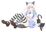  alice_(wonderland) alice_(wonderland)_(cosplay) alice_in_wonderland animal_ears apron ashuku blonde_hair blue_eyes cat cat_ears cosplay dress eila_ilmatar_juutilainen highres loafers long_hair mary_janes panties purple_eyes ribbon shoes smile solo strike_witches striped striped_legwear tail thighhighs underwear white_hair world_witches_series 