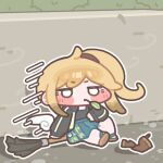  1girl ahoge black_jacket black_shirt blank_eyes blonde_hair blush_stickers broom brown_sandals canta_(trickcal) chibi chibi_only closed_mouth commentary_request full_body green_skirt jacket jitome korean_commentary leaf_in_mouth long_hair long_sleeves monyami open_clothes open_jacket outline pleated_skirt sandals shirt side_ponytail sitting skirt solo trickcal white_outline 