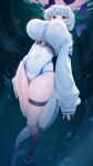  1girl absurdres air_bubble black_eyes black_socks blue_archive blue_halo blue_one-piece_swimsuit breasts bubble cetacean_tail commentary_request covered_navel fins fish_tail freediving grey_hair halo highres hooded_shrug huge_breasts kotone_(blue_archive) multicolored_one-piece_swimsuit onbawa one-piece_swimsuit short_hair shrug_(clothing) socks solo swimming swimsuit tail thigh_strap two-tone_swimsuit underwater white_one-piece_swimsuit white_shrug 