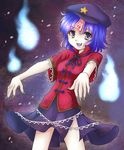  blouse blue_eyes blue_hair chinese_clothes fang fingernails gradient gradient_background hat hitodama looking_at_viewer mitsucho miyako_yoshika ofuda open_mouth outstretched_arms petals ribbon short_hair skirt solo star touhou zombie_pose 
